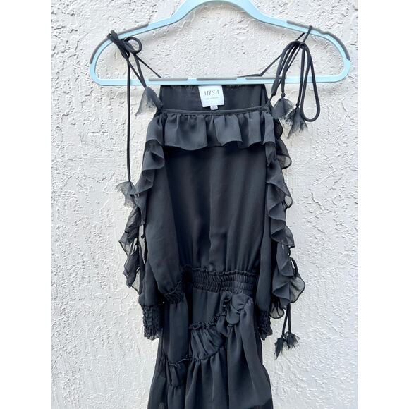 Misa Los Angeles Emelie Tie Cold Shoulder Ruffle Hem Mini Dress Black Women's XS - Picture 3 of 12